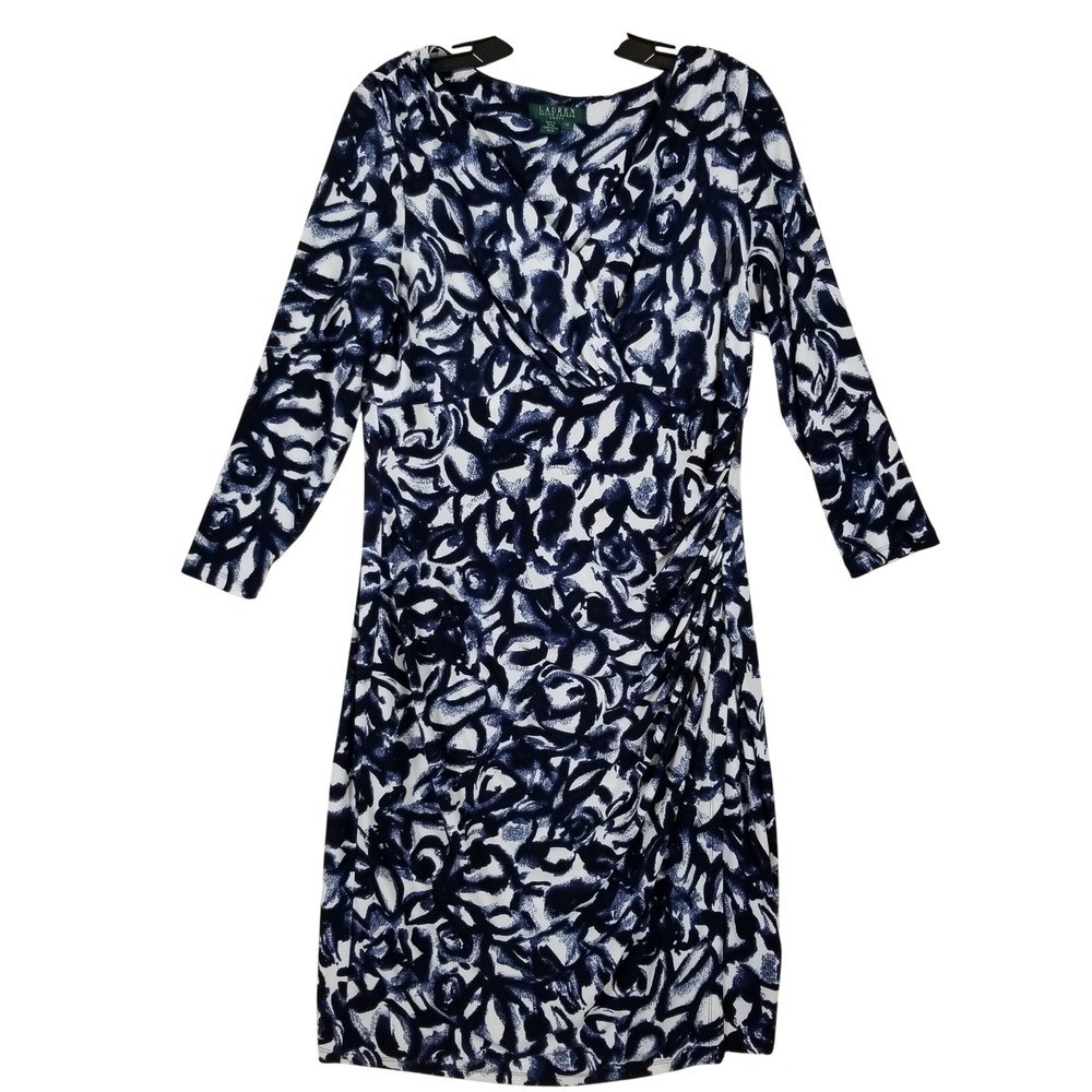 Lauren Ralph Lauren Navy Blue White Abstract Floral Faux Wrap Sheath Dress 14